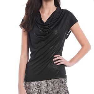Calvin Klein Black Metallic Shimmer Cowl Drape Neck Stretch Top Blouse